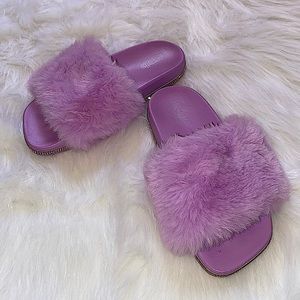 Charlotte Russe Fur Slides With Rhinestones On The Side